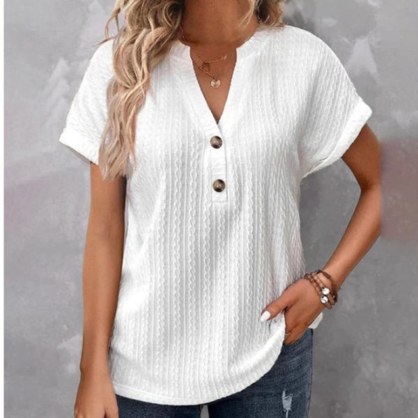 ⁦Women's Batwing Sleeve Solid Color And V-neck Button T-shirt⁩ - الصورة ⁦2⁩