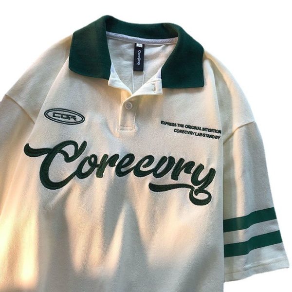 ⁦Women Ins Retro Short Sleeve Leisure Hong Kong Style Japanese Style Pu Shuai Lapel Loose Letters⁩ - الصورة ⁦7⁩