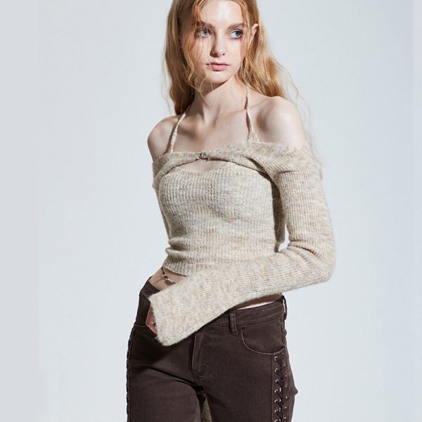 ⁦Sweater Mujer Sexy Off Shoulder Slim Knitted Sweaters Long Sleeve Pull Femme Autumn Vintage Chandails White Black Top Women⁩ - الصورة ⁦4⁩