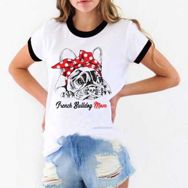 ⁦Vintage French Bulldog Print White Ladies T-shirt⁩ - الصورة ⁦2⁩
