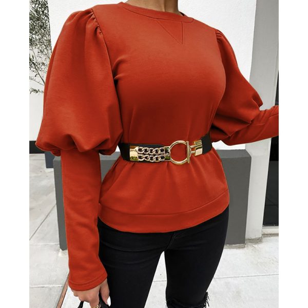 ⁦Women's Clothing Round Neck Puff Sleeve Solid Color Top T-shirt⁩ - الصورة ⁦4⁩