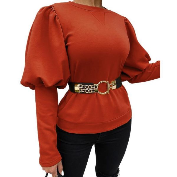 ⁦Women's Clothing Round Neck Puff Sleeve Solid Color Top T-shirt⁩ - الصورة ⁦2⁩