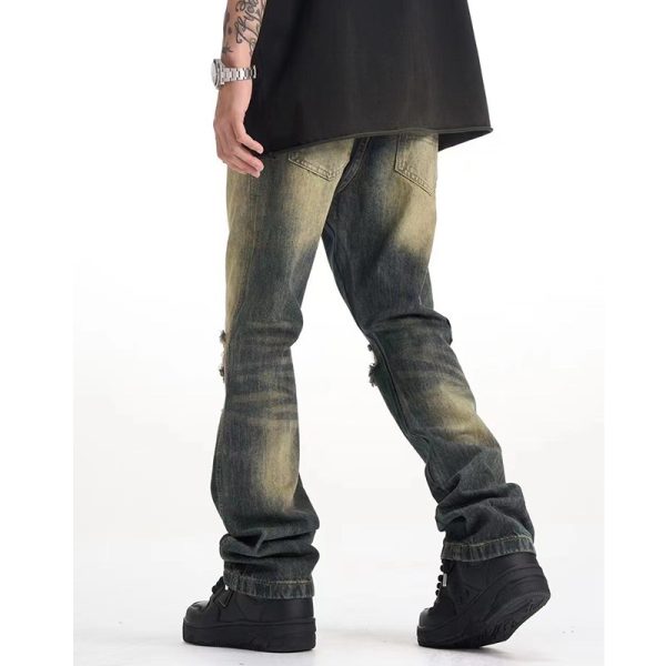 ⁦American Retro Make Old Ripped Cement Yellow Jeans For Men⁩ - الصورة ⁦7⁩