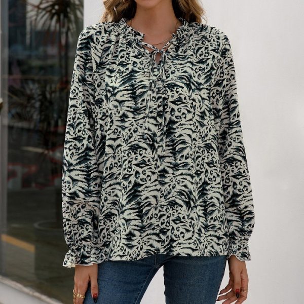 ⁦Women's Casual Loose Small Floral Fungus Collar Shirt Top⁩ - الصورة ⁦3⁩