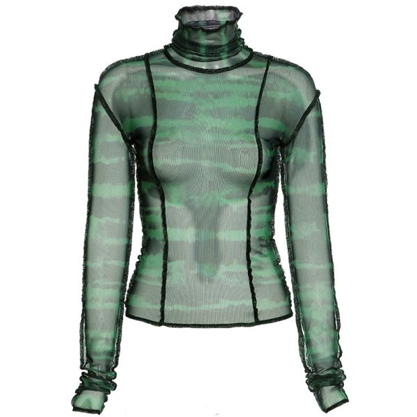 ⁦Women's Long Sleeve High Collar Fashion Printing and Dyeing Slim T-shirt Women⁩ - الصورة ⁦8⁩