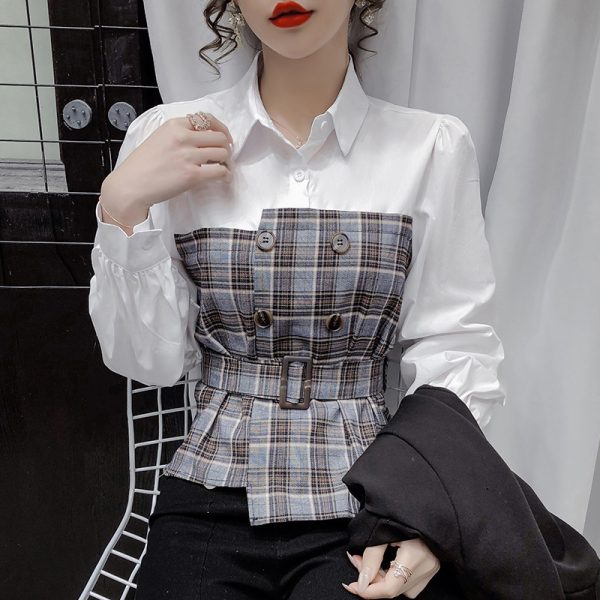 ⁦Women s Fake Two Piece Blouse With Plaid Shirt⁩ - الصورة ⁦5⁩