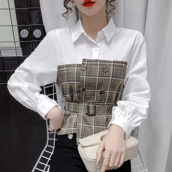 ⁦Women s Fake Two Piece Blouse With Plaid Shirt⁩ - الصورة ⁦2⁩
