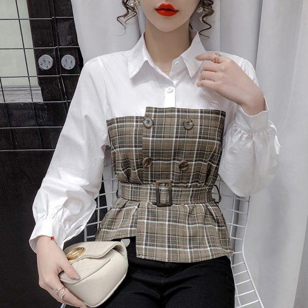 ⁦Women s Fake Two Piece Blouse With Plaid Shirt⁩ - الصورة ⁦4⁩