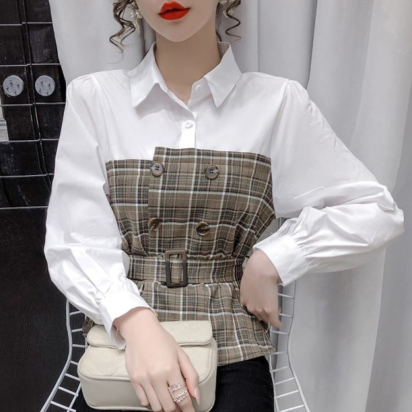⁦Women s Fake Two Piece Blouse With Plaid Shirt⁩ - الصورة ⁦3⁩