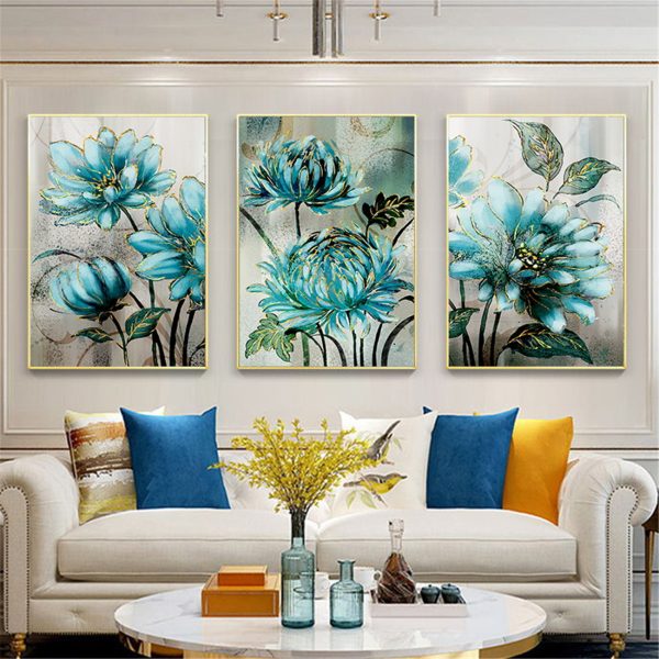 ⁦Blue Flowers Golden Lace Noble Decorative Poster Modern Nordic Canvas Painting Print Decor Wall Art Pictures For Living Room⁩ - الصورة ⁦2⁩