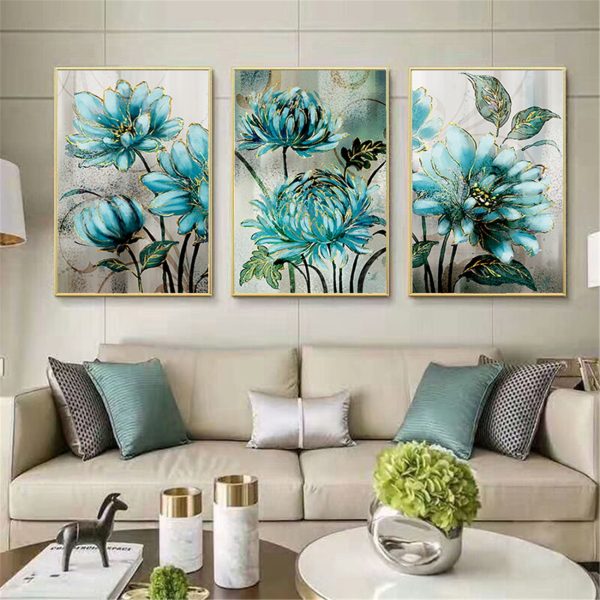 ⁦Blue Flowers Golden Lace Noble Decorative Poster Modern Nordic Canvas Painting Print Decor Wall Art Pictures For Living Room⁩ - الصورة ⁦5⁩