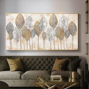 Abstract Golden Leaves Wall Art Oil Painting Printed on Canvas Big Size Decorative Pictures for Living Bedroom Home Decoration