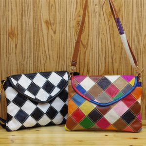 The First Layer Cowhide Handbags Fashion Colorful Color Matching Lattice Small Square Bag