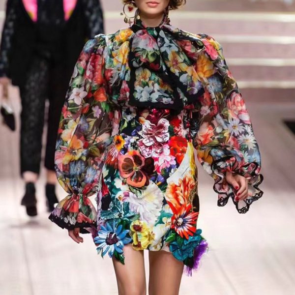 ⁦Vintage Floral print Chiffon Shirts Blouse Women⁩ - الصورة ⁦4⁩
