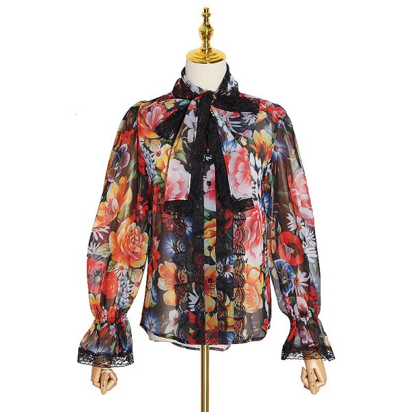 ⁦Vintage Floral print Chiffon Shirts Blouse Women⁩ - الصورة ⁦2⁩