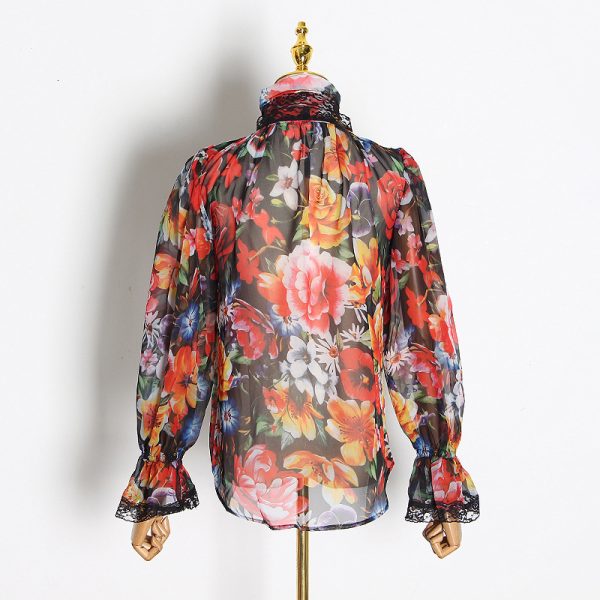 ⁦Vintage Floral print Chiffon Shirts Blouse Women⁩ - الصورة ⁦5⁩