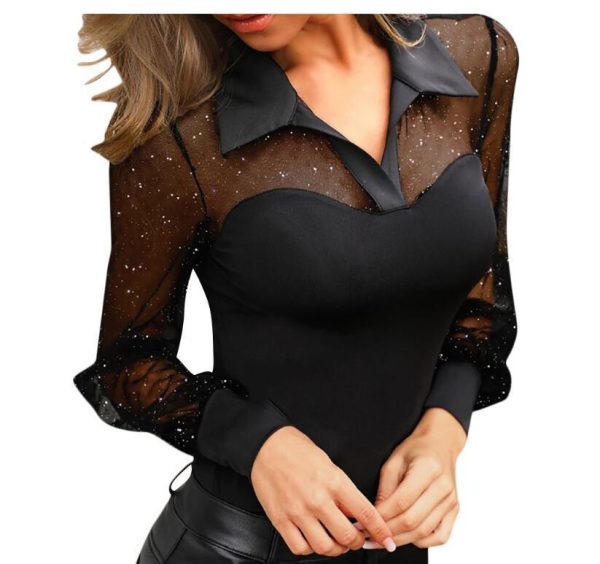 ⁦Women'S V-Neck Polka-Dot Solid Mesh Long-Sleeved Blouse⁩ - الصورة ⁦4⁩