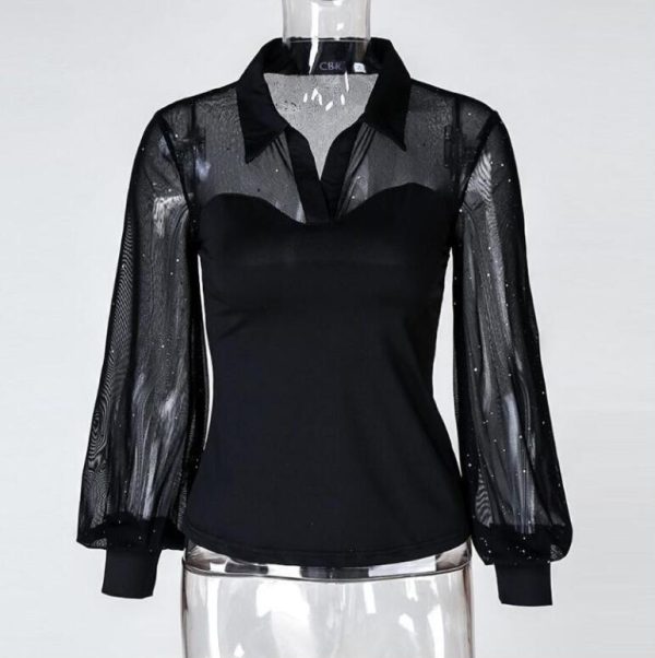 ⁦Women'S V-Neck Polka-Dot Solid Mesh Long-Sleeved Blouse⁩ - الصورة ⁦2⁩