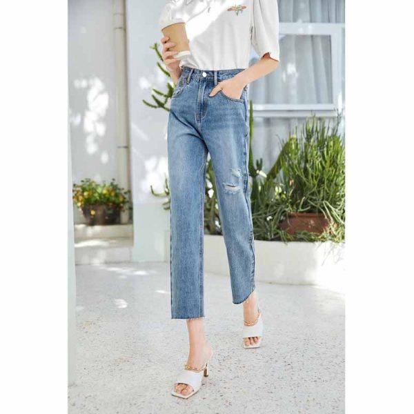 ⁦Summer High Waist Loose Straight Leg Trousers Are Thinner New Ripped Trousers⁩ - الصورة ⁦5⁩