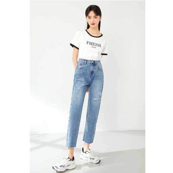 ⁦Summer High Waist Loose Straight Leg Trousers Are Thinner New Ripped Trousers⁩ - الصورة ⁦2⁩