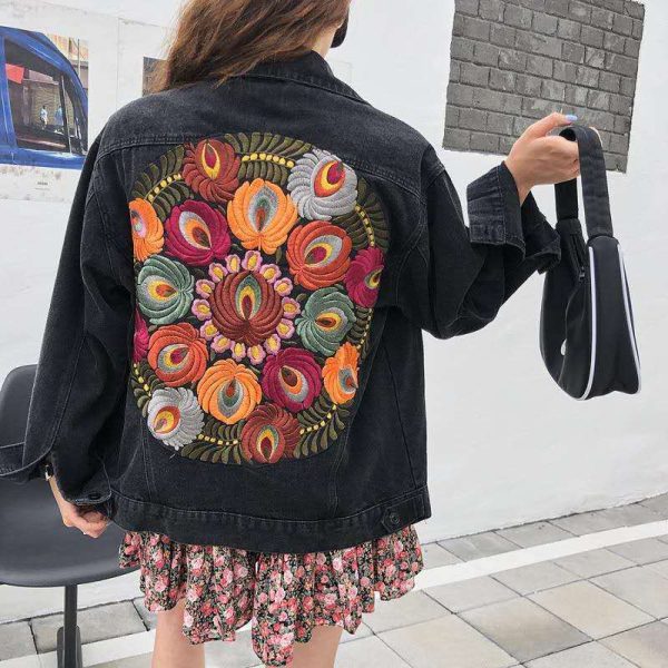 ⁦British Style Loose Leisure Plant Flower Ben Embroidery Retro Denim Jacket⁩ - الصورة ⁦4⁩