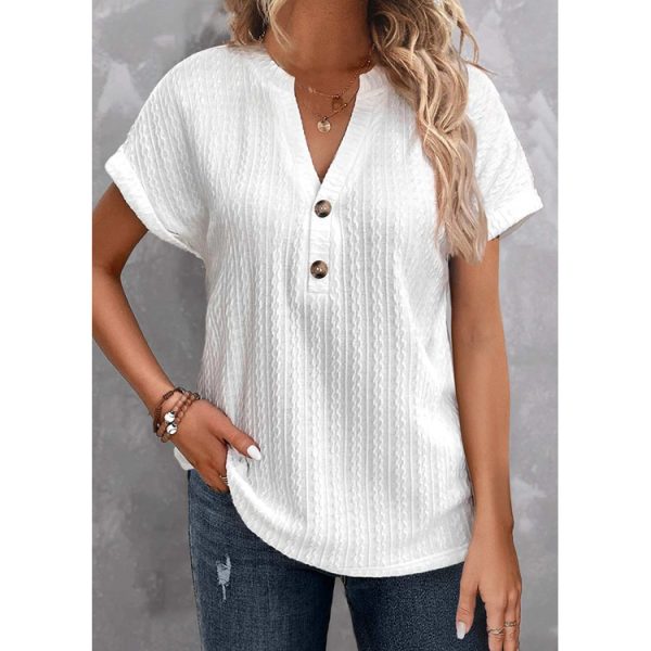 ⁦Women's Batwing Sleeve Solid Color And V-neck Button T-shirt⁩ - الصورة ⁦5⁩