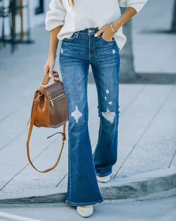⁦Washed Bell-bottom Pants Elastic Ripped Women⁩ - الصورة ⁦7⁩