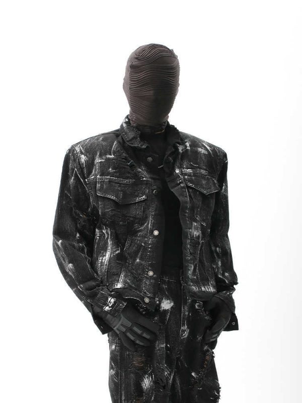 ⁦Street Graffiti Washed Make Old Ripped Denim Coat For Men⁩ - الصورة ⁦2⁩