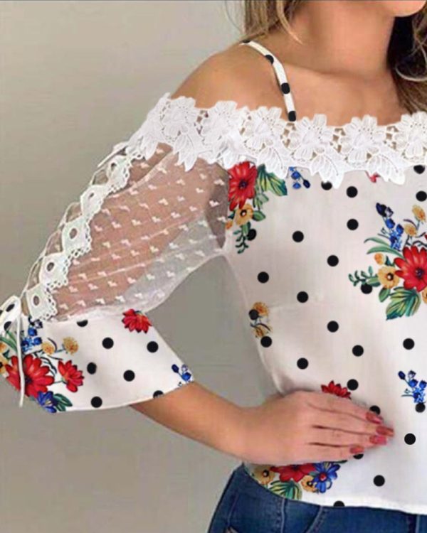 ⁦Short - sleeved lace shirt⁩ - الصورة ⁦5⁩