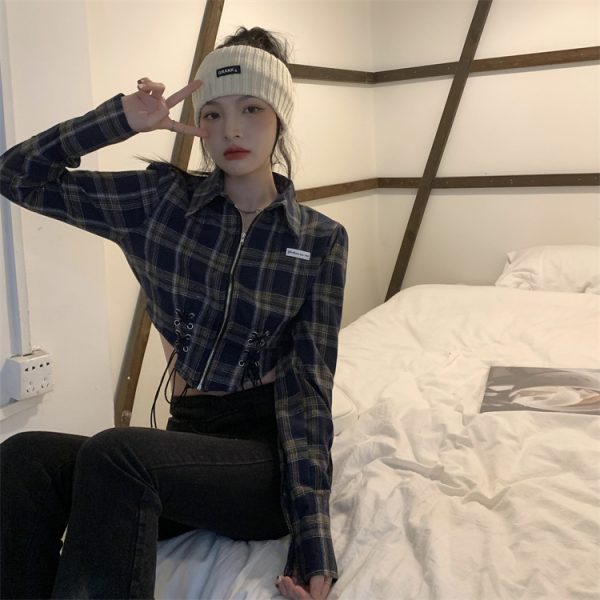 ⁦Women's Spring Short Hot Girl Plaid Shirt⁩ - الصورة ⁦5⁩