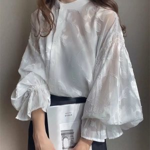 Summer Flower Jacquard Lantern Sleeve Transparent Blouse