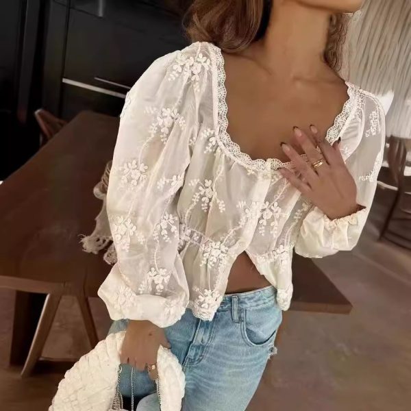 ⁦Women's U-neck Loose Embroidered Long-sleeved Shirt⁩ - الصورة ⁦3⁩