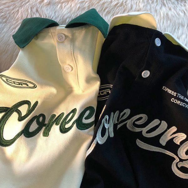 ⁦Women Ins Retro Short Sleeve Leisure Hong Kong Style Japanese Style Pu Shuai Lapel Loose Letters⁩ - الصورة ⁦6⁩