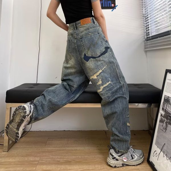 ⁦American Retro Loose Washed-out Ripped Jeans For Men⁩ - الصورة ⁦4⁩