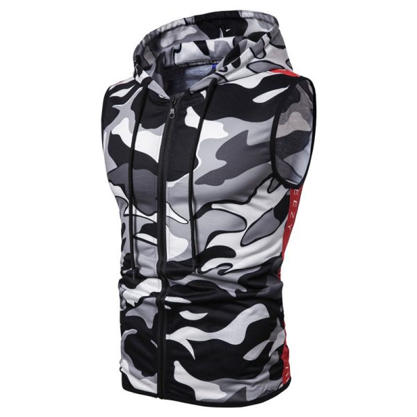 ⁦Zipper Hooded Sleeveless Camouflage Printed Fitness Sports Vest⁩ - الصورة ⁦2⁩