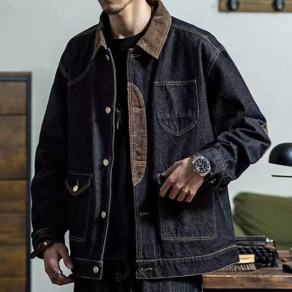 ⁦Workwear Retro Tough Safari Jacket Washed Denim Tough Guy Coat Men Fashion Brands Shirt⁩ - الصورة ⁦4⁩