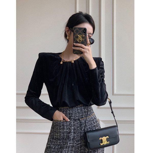 ⁦Temperament Velvet Shoulder Pads Pullover Blouse Women⁩ - الصورة ⁦5⁩