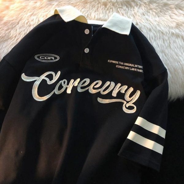 ⁦Women Ins Retro Short Sleeve Leisure Hong Kong Style Japanese Style Pu Shuai Lapel Loose Letters⁩ - الصورة ⁦9⁩