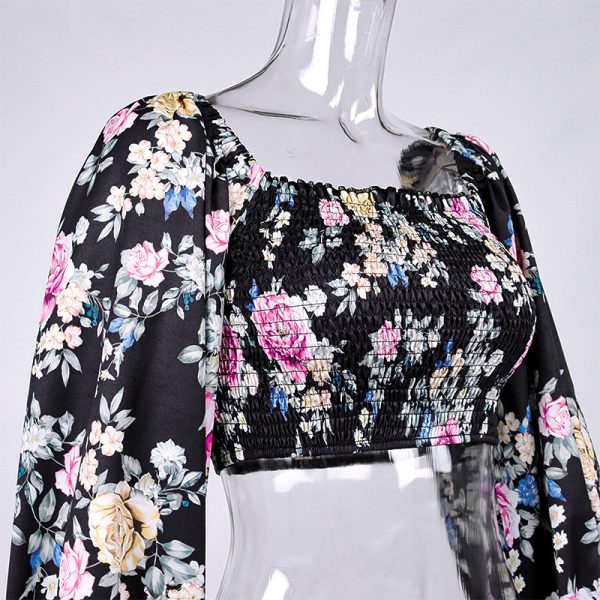 ⁦Women's Floral Flared Sleeve Tie Pleated Cropped Crop Top⁩ - الصورة ⁦4⁩