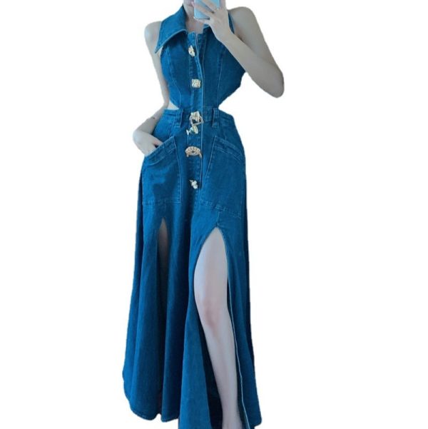 ⁦Women Spring Summer Sleeveless Dress Denim Outfits⁩ - الصورة ⁦2⁩