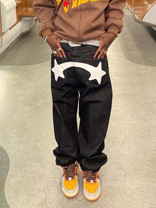 ⁦Baggy Jeans Men Fashion Designer Black Star Printed Trend⁩ - الصورة ⁦2⁩