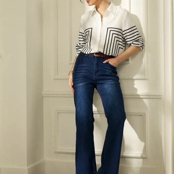 ⁦Autumn Striped Shirt Women's Long Sleeve Loose Silk Top⁩ - الصورة ⁦2⁩