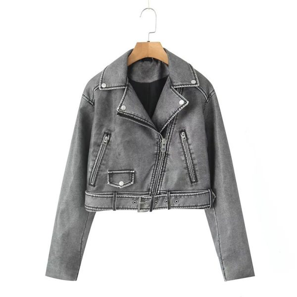 ⁦Women's Washed Leather Worn Motorcycle Leisure Jacket Leather Coat⁩ - الصورة ⁦2⁩