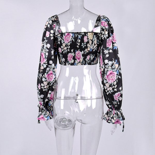 ⁦Women's Floral Flared Sleeve Tie Pleated Cropped Crop Top⁩ - الصورة ⁦2⁩