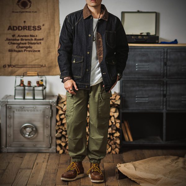 ⁦Workwear Retro Tough Safari Jacket Washed Denim Tough Guy Coat Men Fashion Brands Shirt⁩ - الصورة ⁦3⁩