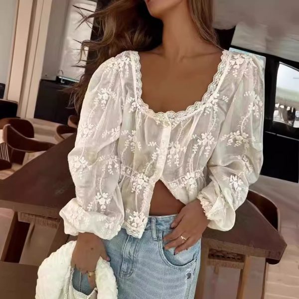 ⁦Women's U-neck Loose Embroidered Long-sleeved Shirt⁩ - الصورة ⁦5⁩