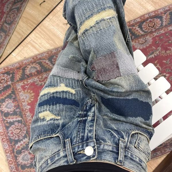 ⁦American Retro Loose Washed-out Ripped Jeans For Men⁩ - الصورة ⁦3⁩