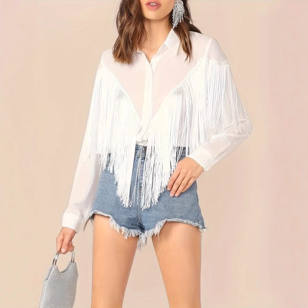 ⁦Women's Solid Color Tassel Decoration Long Sleeved Commuting Shirt Loose Casual Top⁩ - الصورة ⁦3⁩