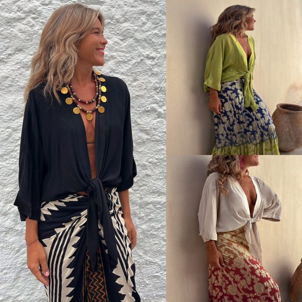 ⁦Women's Casual Lace Up 34 Sleeve Loose Vacation Multi-color Shirt⁩ - الصورة ⁦7⁩