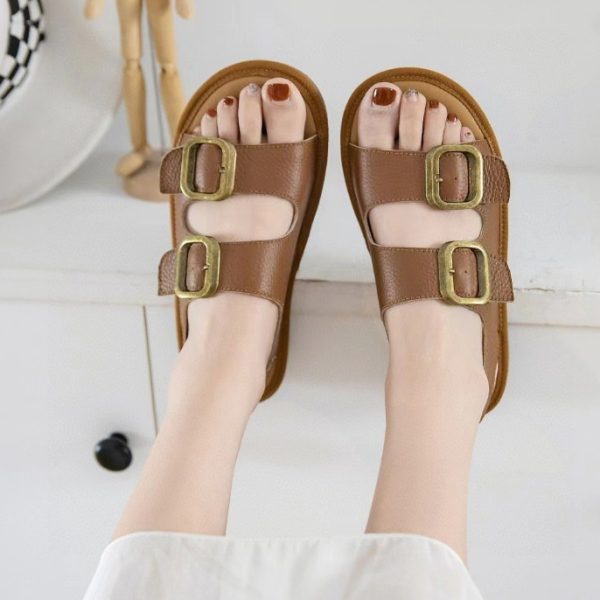 ⁦Women's Flat Cool First Layer Cowhide Soft Bottom Belt Buckle Beach Outer Wear Ankle-strap Sandals⁩ - الصورة ⁦8⁩